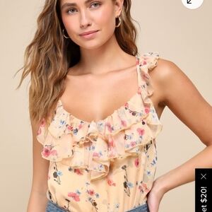 NWT Lulu's Perfect Chance Yellow Floral Print Chiffon Ruffled Bodysuit Medium
